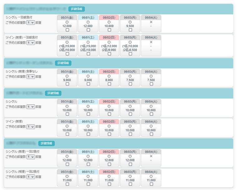 宿泊人数1名（シングル）の場合は宿泊者1名の氏名を入力します。宿泊人数1名または2名（ツイン）の場合、宿泊者1名のみの入力ならシングルユース料金が、宿泊者2名の入力をするとツイン料金が適用されます。